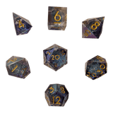 Glitzerwürfel mit flüssigem Kern – Türkis/Lila/Gold 7er Set (18mm)