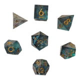 Schimmernde Würfel – Türkis/Lila/Gold 7er Set (18 mm)