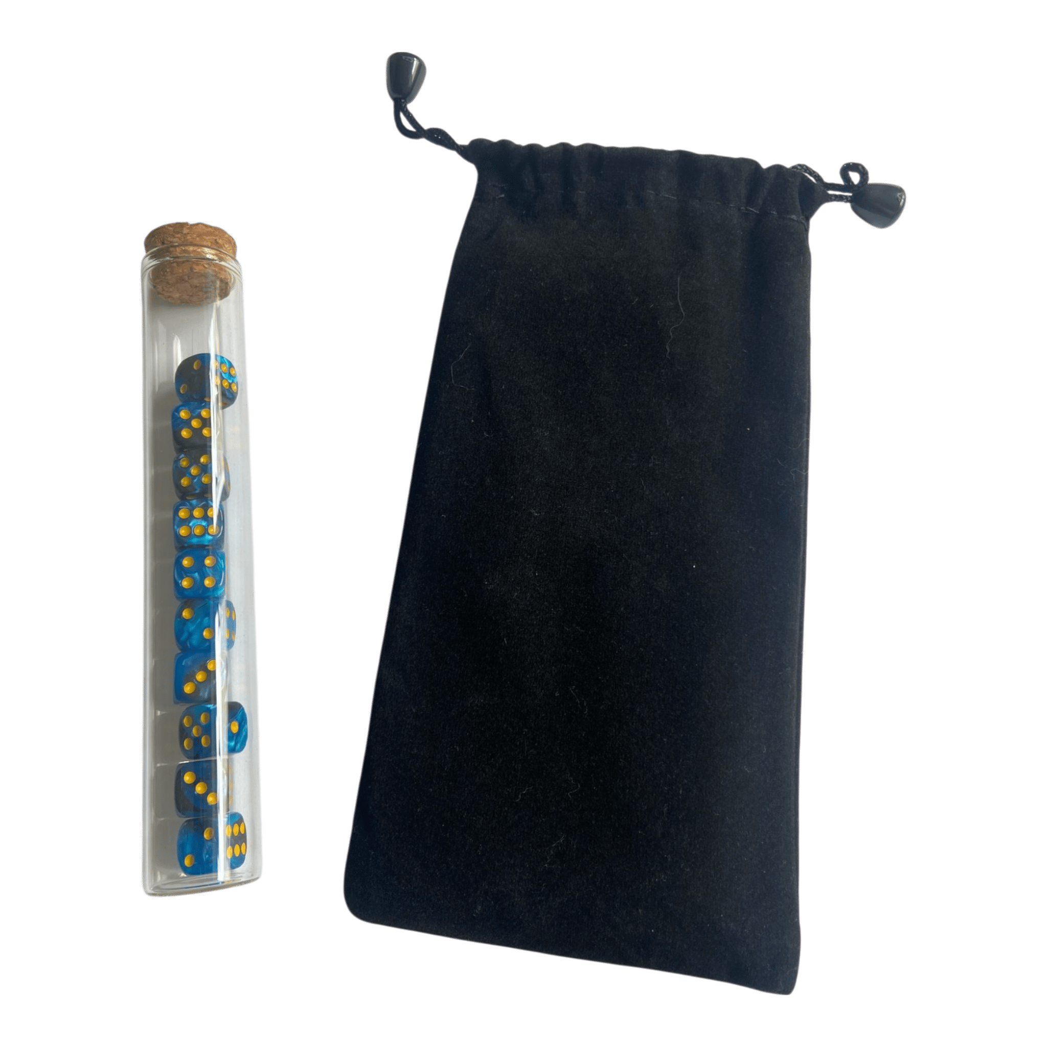 Würfel Stube 12mm Würfel Blau/Schwarz Marmoriert mit Punkten aus Glasflasche + Aufbewahrungsbeutel