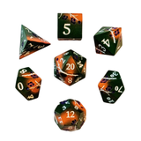 Metallwürfel Set Grün-Orange mit Blüten | 7-teiliges Würfelset