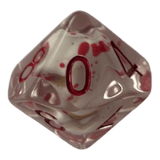 Transparente Würfel mit Totenkopf & roten Ziffern - Bluttropfen W10