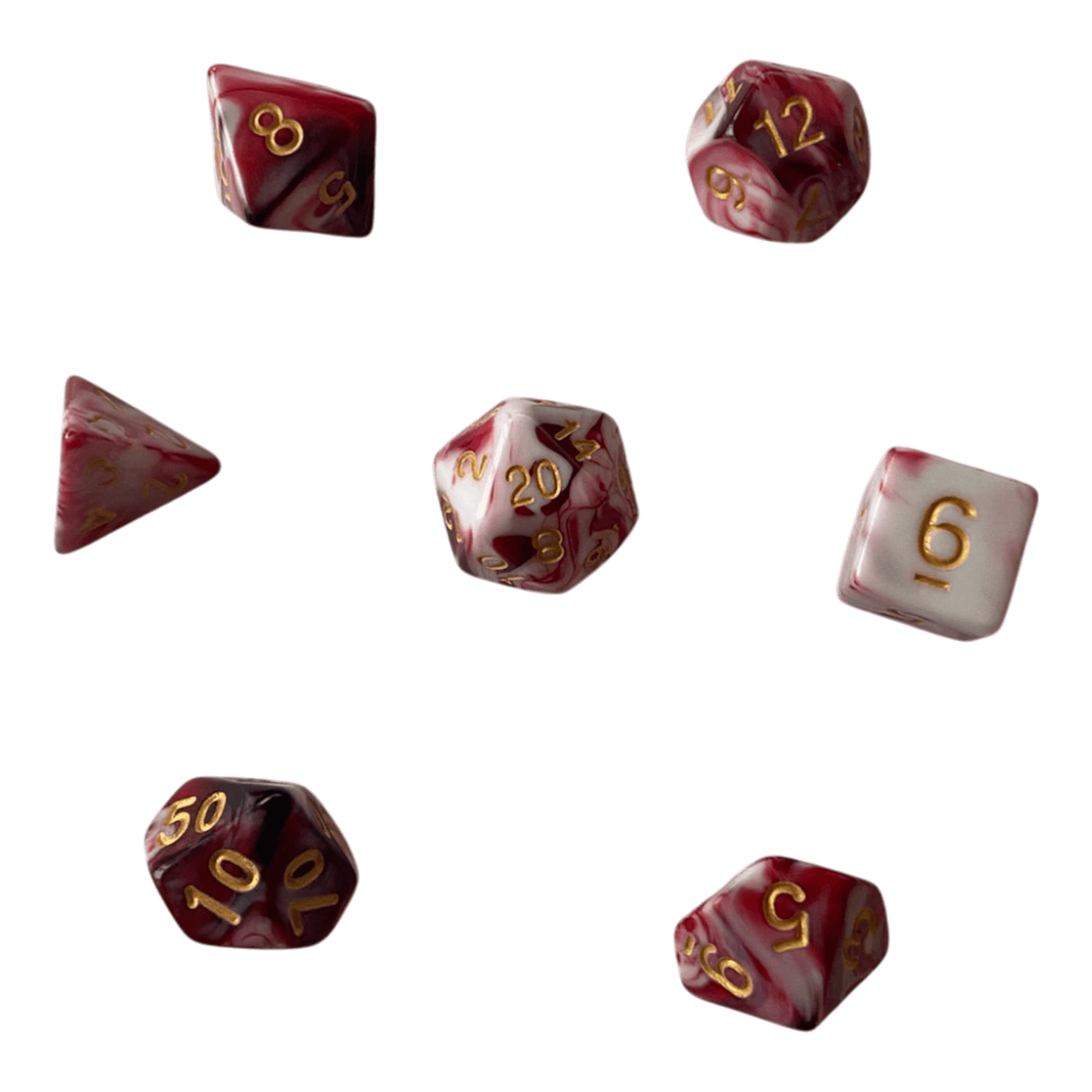 Würfel Stube Marmorierte Würfel 7er Set in Rot / Weiß - 16mm