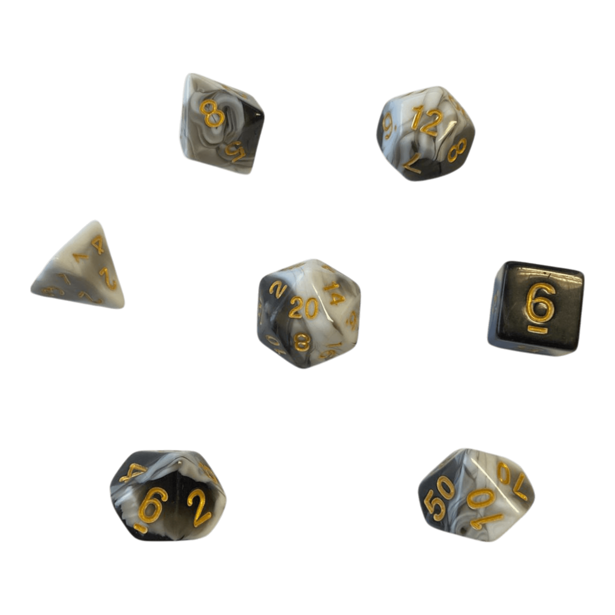 Würfel Stube Marmorierte Würfel Schwarz-Weiß mit goldenen Zahlen 7er Set