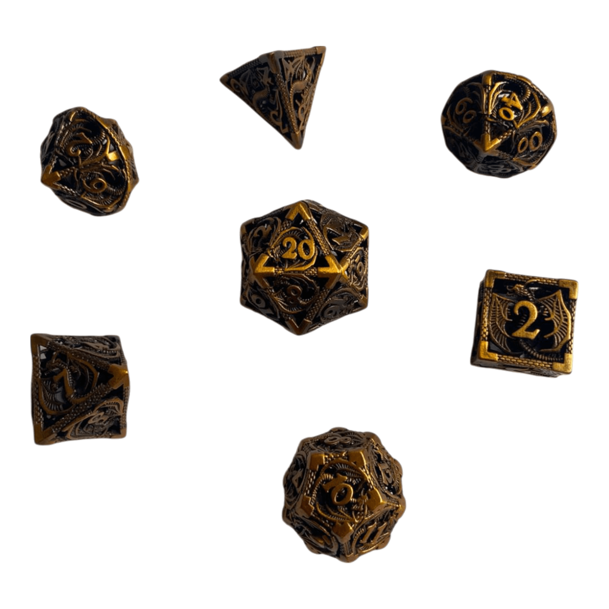 Würfel Stube Metallwürfel mit fliegenden Drachen - Gold  - 18mm Set