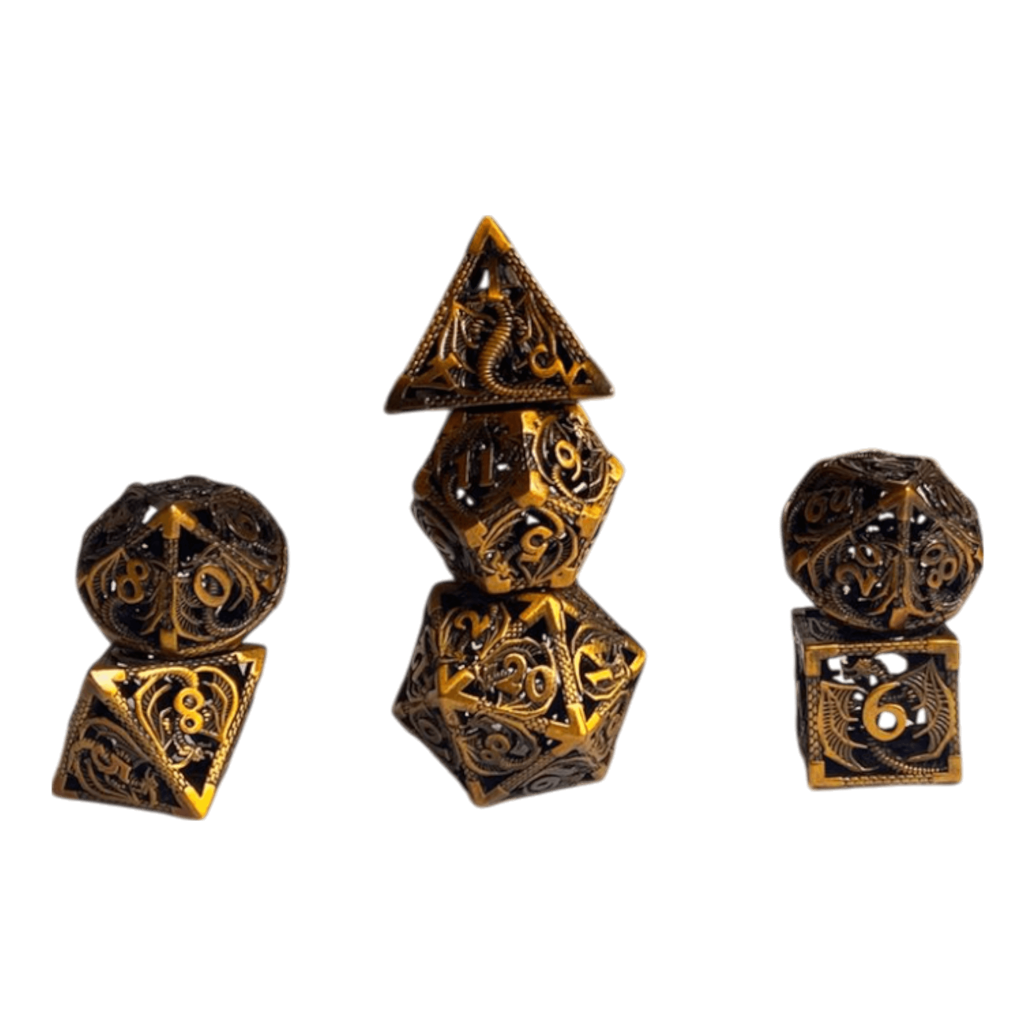 Würfel Stube Metallwürfel mit fliegenden Drachen - Gold  - 18mm Set