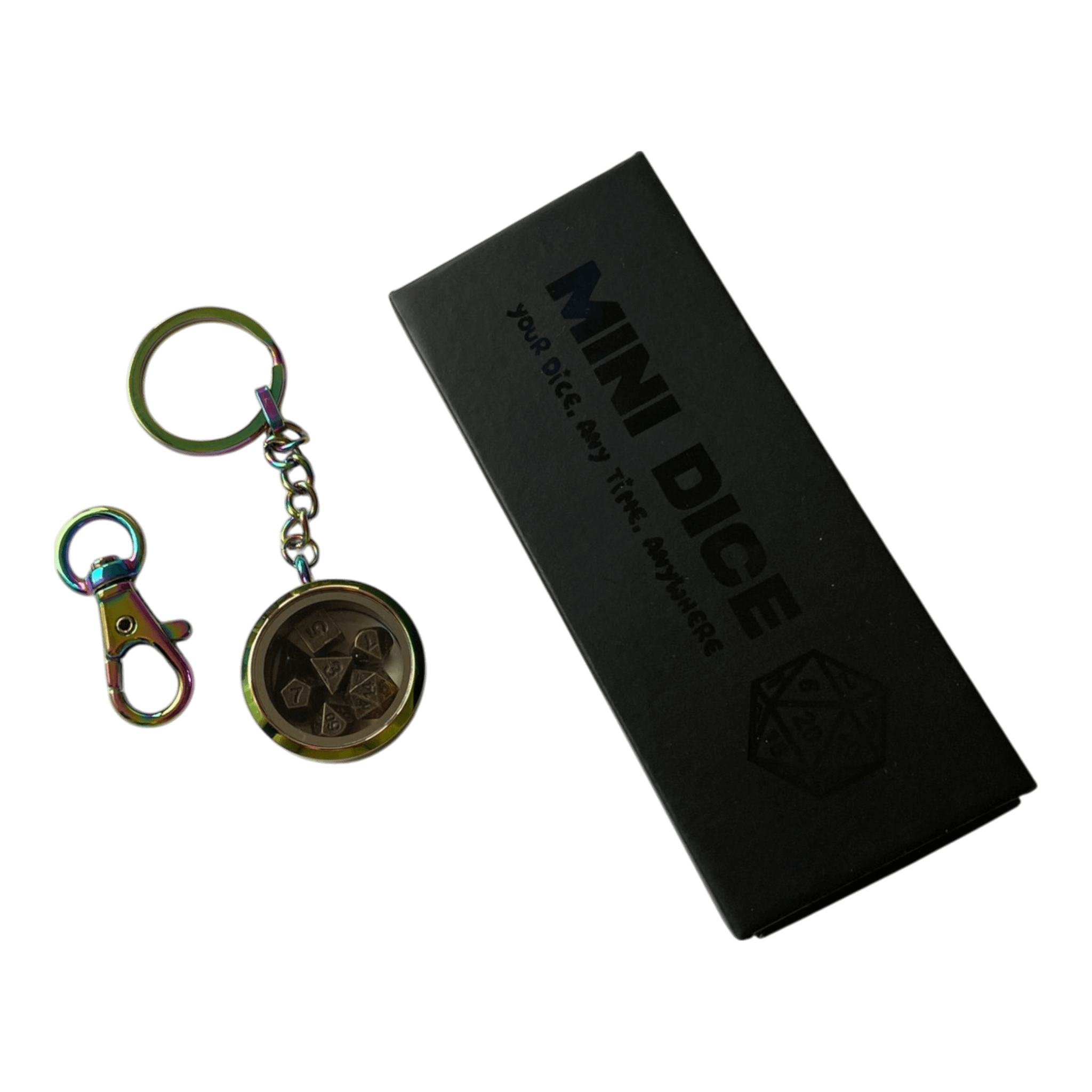 Würfel Stube Schlüsselanhänger - Rainbow Optik - inkl. Mini Metall Würfel Set - Ancient Brass - 6mm