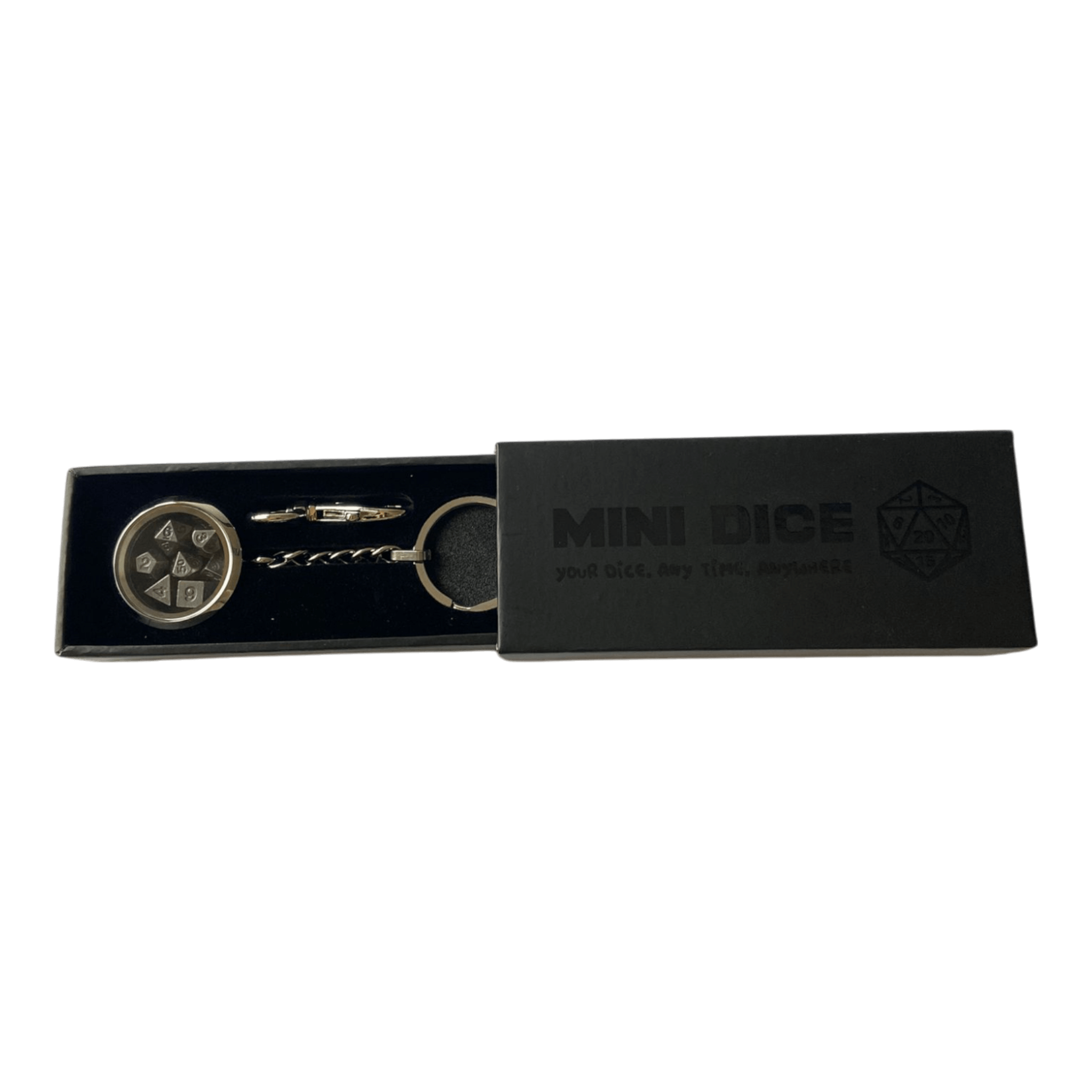 Würfel Stube Schlüsselanhänger - Silber Optik - inkl. Mini Metall Würfel Set - Silber - 6mm