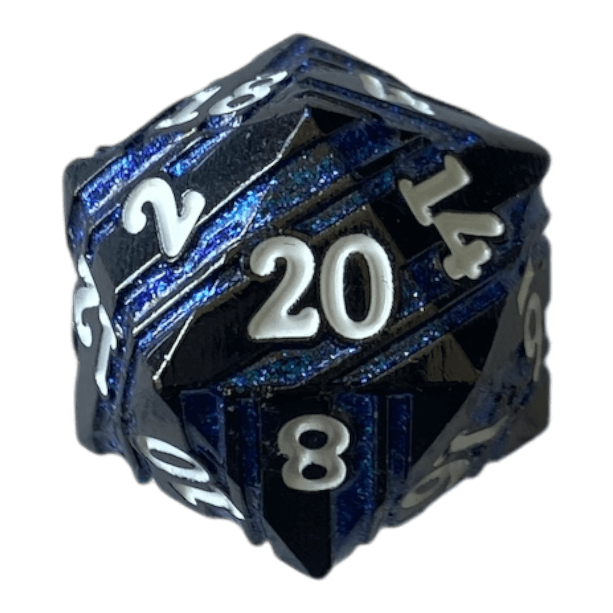 Würfel Stube Schwarzer Nickel mit blauen Streifen Metallwürfel W20