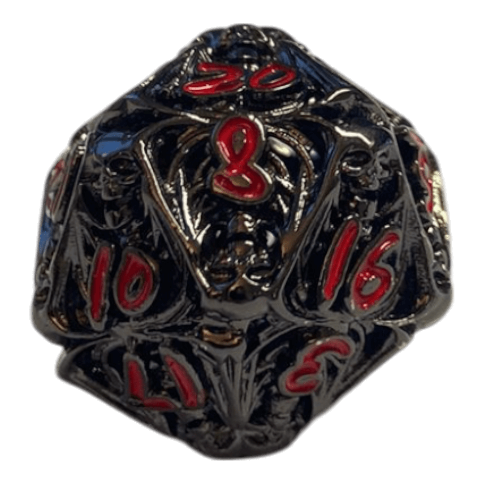 Würfel Stube W20 Totenkopf Metallwürfel (Schwarz mit roten Nummern) - 18mm